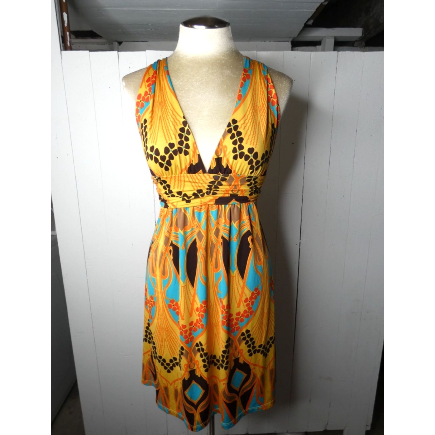 Vtg Forever 21 Womens M Y2k Crossback Dress Sleeveless Orange Blue Print Stretch